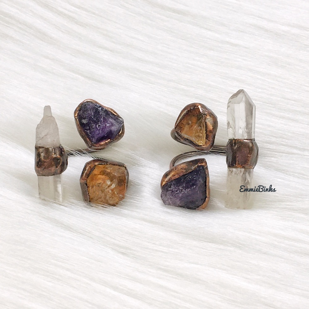 New Triple Crystal Gemstone Ring ~ Natural Amethyst Citrine Clear Quartz Copper